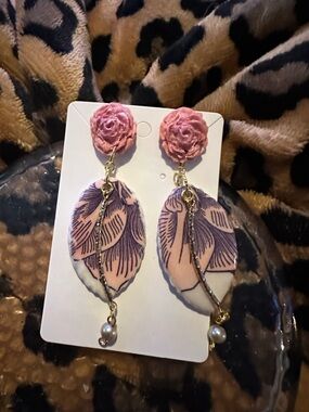 Pink Floral Resin Drop Earrings with Pearl Accent